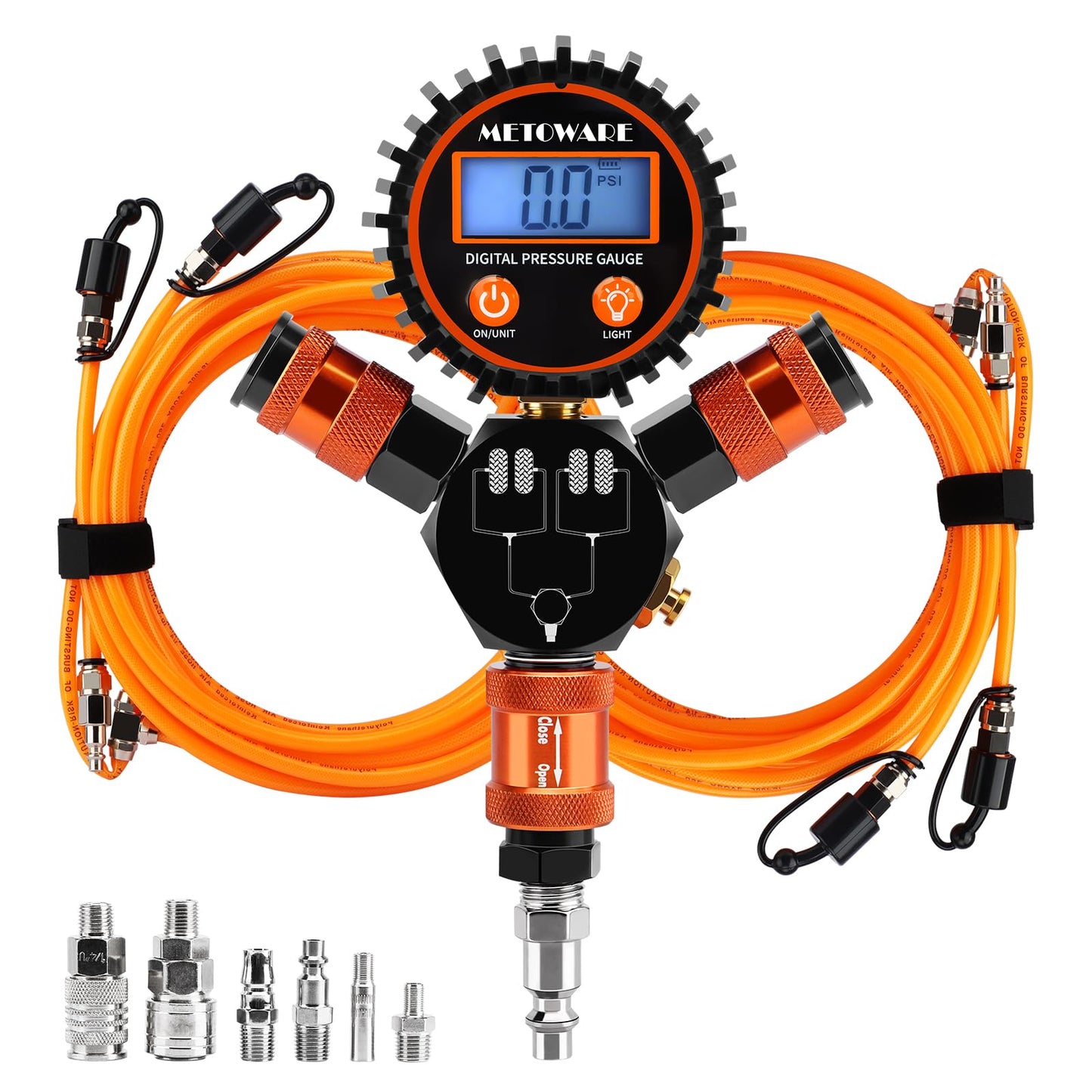 METOWARE 4 Tire Inflation & Deflation System with Digital Gauge, Air Up Down Kit for Truck SUV Off-Road, 4-Wheel Inflation All at Once, Fits Up to 255" Wheelbase, Leak-Free Design, Manual Bleed Valve