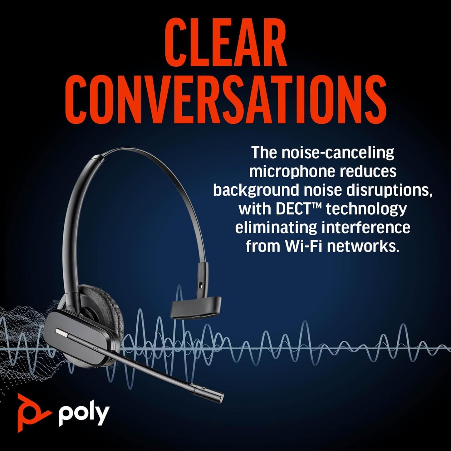 Poly CS540 Wireless DECT Headset with HL10 Lifter (Plantronics) - Single Ear (Mono) Convertible (3 wearing styles) - Connects to Desk Phone - Noise