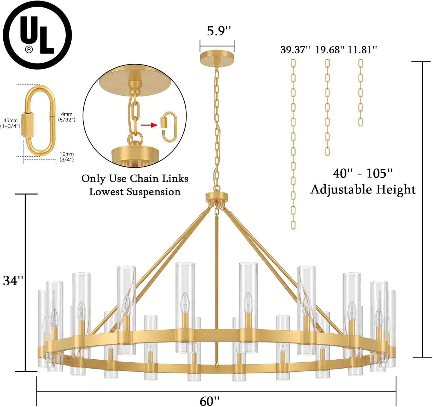 60 Inch Gold Wagon Wheel Chandelier with Glass Shade, 20 Lights, Modern Farmhouse Style, Ideal for Dining Room, Kitchen, Entryways