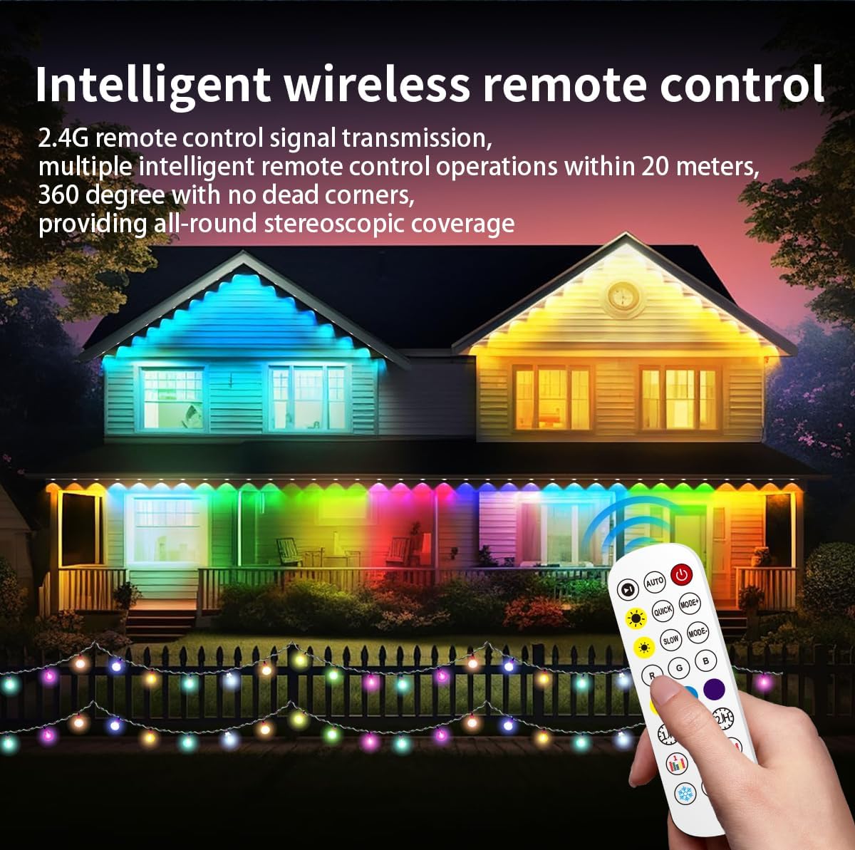 100FT Permanent Outdoor Lights, Smart RGB+IC Eaves Lights with App/Remote Control, Hundreds of Dynamic Style Modes and Scene Modes, IP67