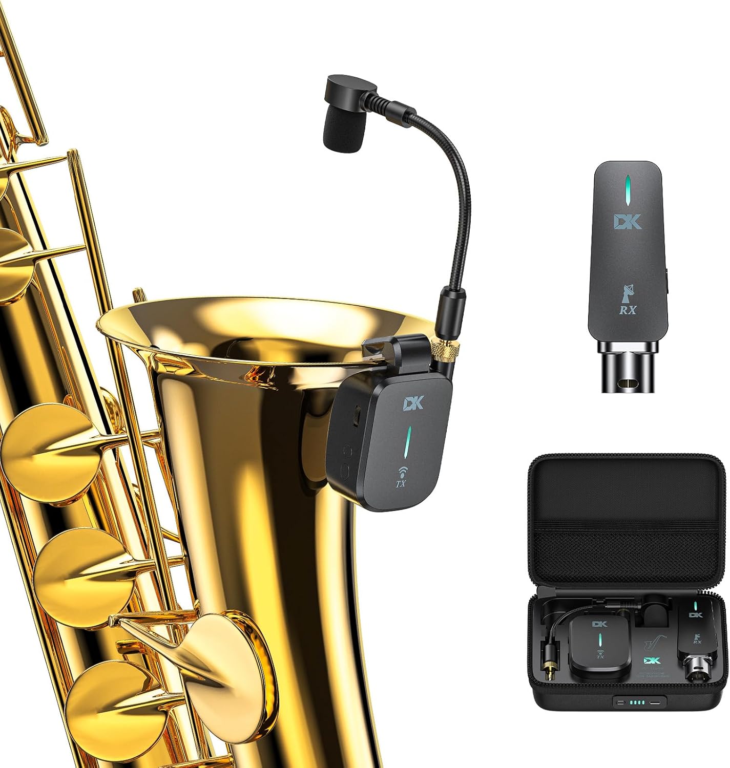 UHF Wireless Saxophone System, Clip-On Multifunctional Instruments Microphone with Charging Case, Three Sax Dedicated Modes, 131 Feet Transmission,