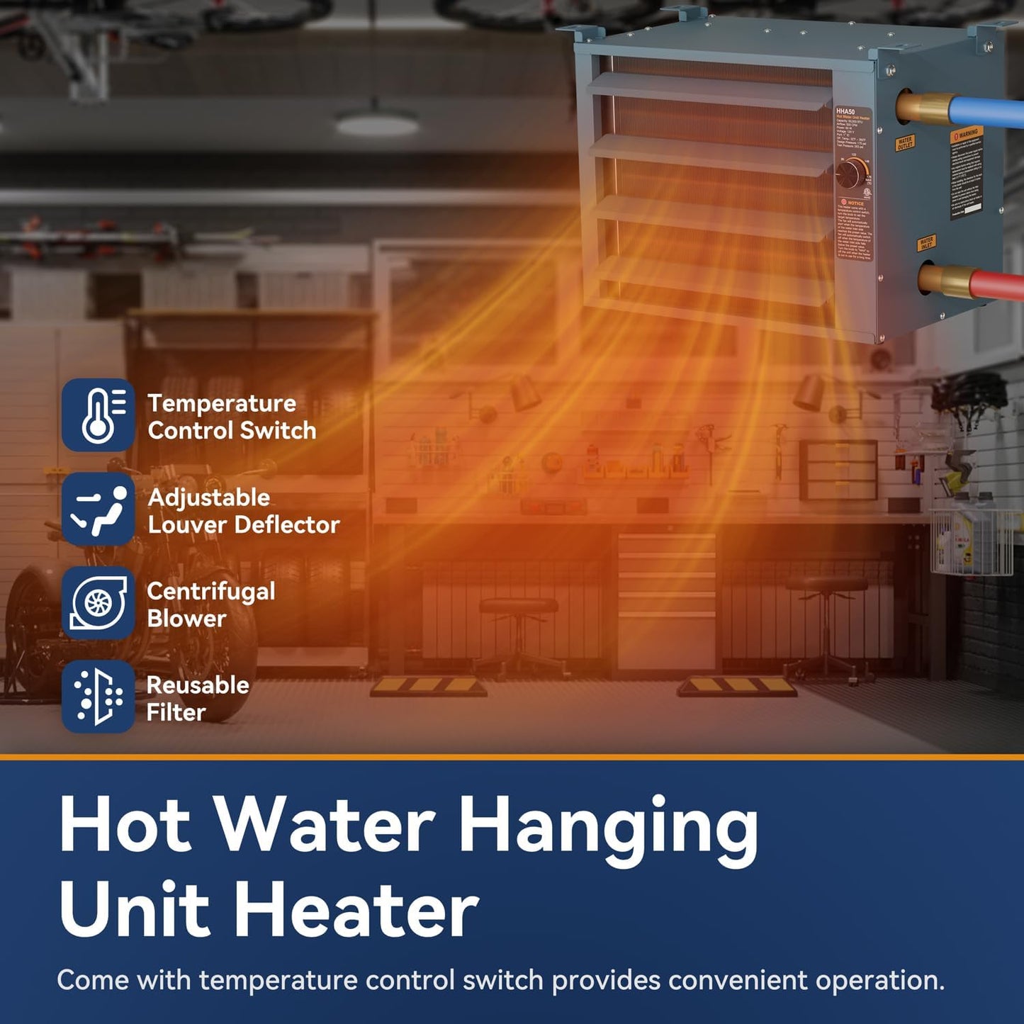 50,000 BTU Hydronic Hot Water Hanging Unit Heater with Temperature Control Switch HHA50 Water to Air Heat Exchanger with Fan for Outdoor Wood Fur