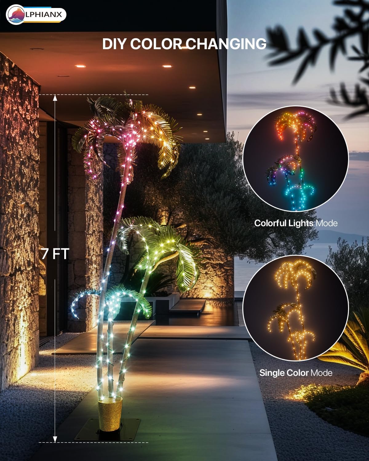 7Ft Lighted Palm Tree with 3 Trunks, 242 RGB LEDs, Prelit Fake Tree Lights, DIY 16 Mil. Color Changing, Music Sync, App & Remote Control, Outdoor