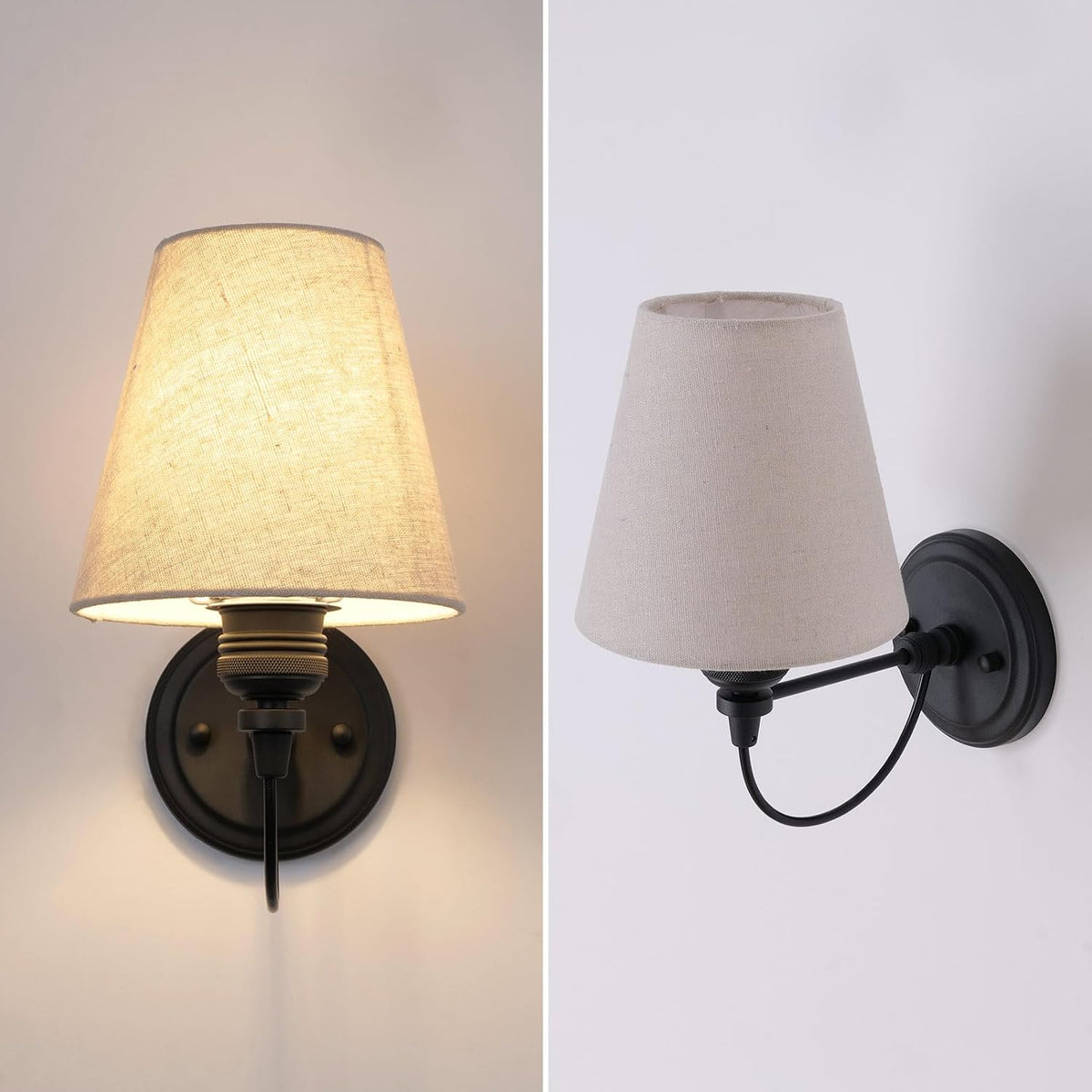 Retro Wall Sconce Set of 2 with Linen Fabric Shade Hardwired