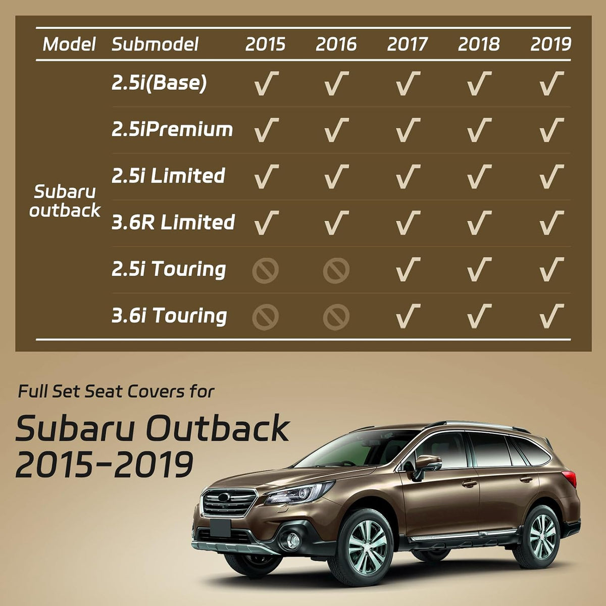 Full Set Seat Covers for Subaru Outback 2015 2016 2017 2018 2019, Beige | Custom Fit for 5 Seats Front & Rear Row | Faux Leather Waterproof Car Interior Accessories | Airbag Compatible