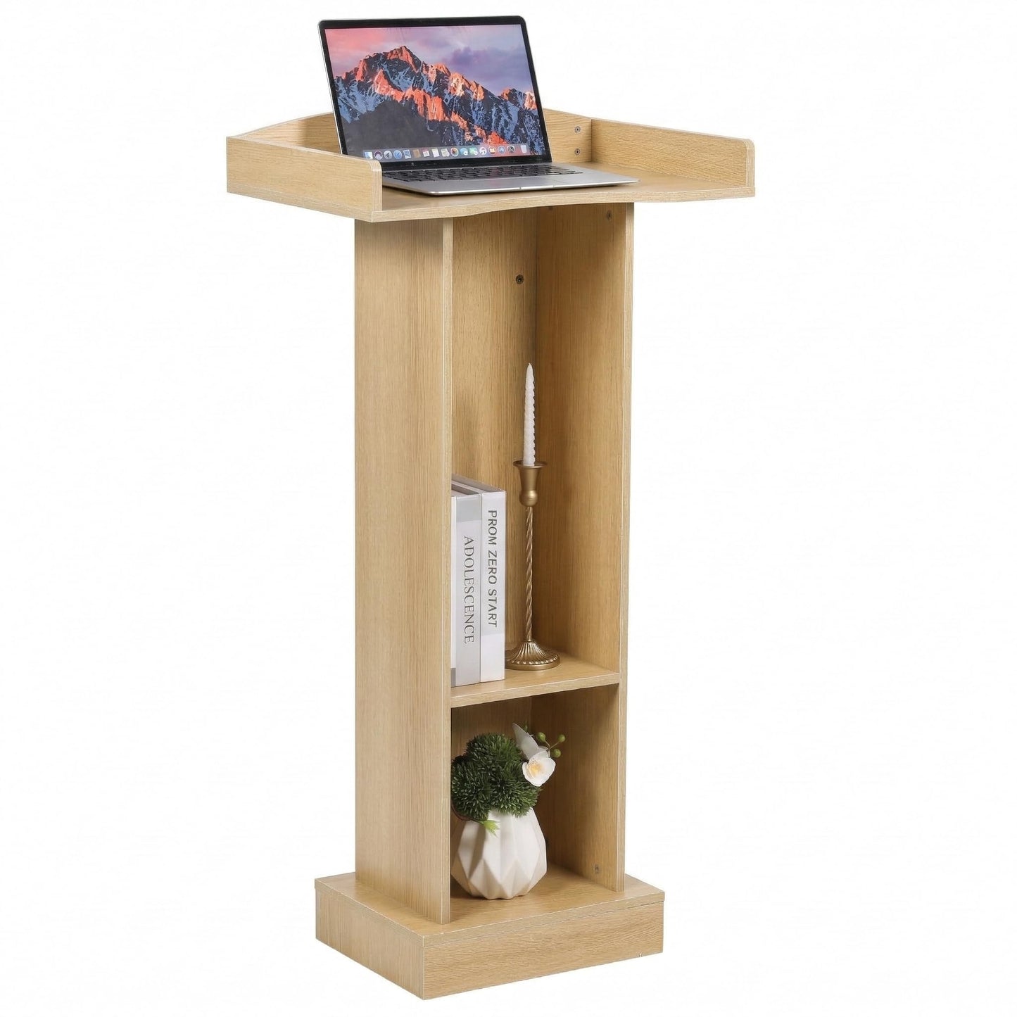 Wooden Podium Stand with Storage Shelves, Oak Color, 47.5" Height, Lectern for Presentations, Church, Classroom, Wedding Speech, Heavy Sturdy Base, 23.6x15.7 Inches Desktop