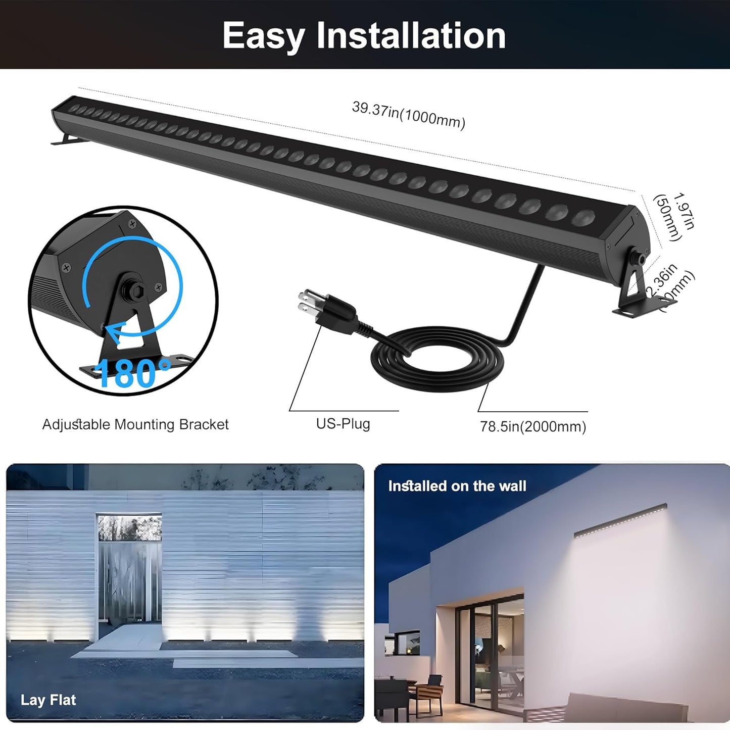 40-Inch Linkable LED Wall Washer Light Bar – Smart RGBCW Color Changing LED, Bluetooth & RF Remote Control, 2700K–6500K Tunable White, 16M Colors, 1–100% Dimmable, IP65 Waterproof Linkable Smart RGB+Tunable White(2700-6500K)