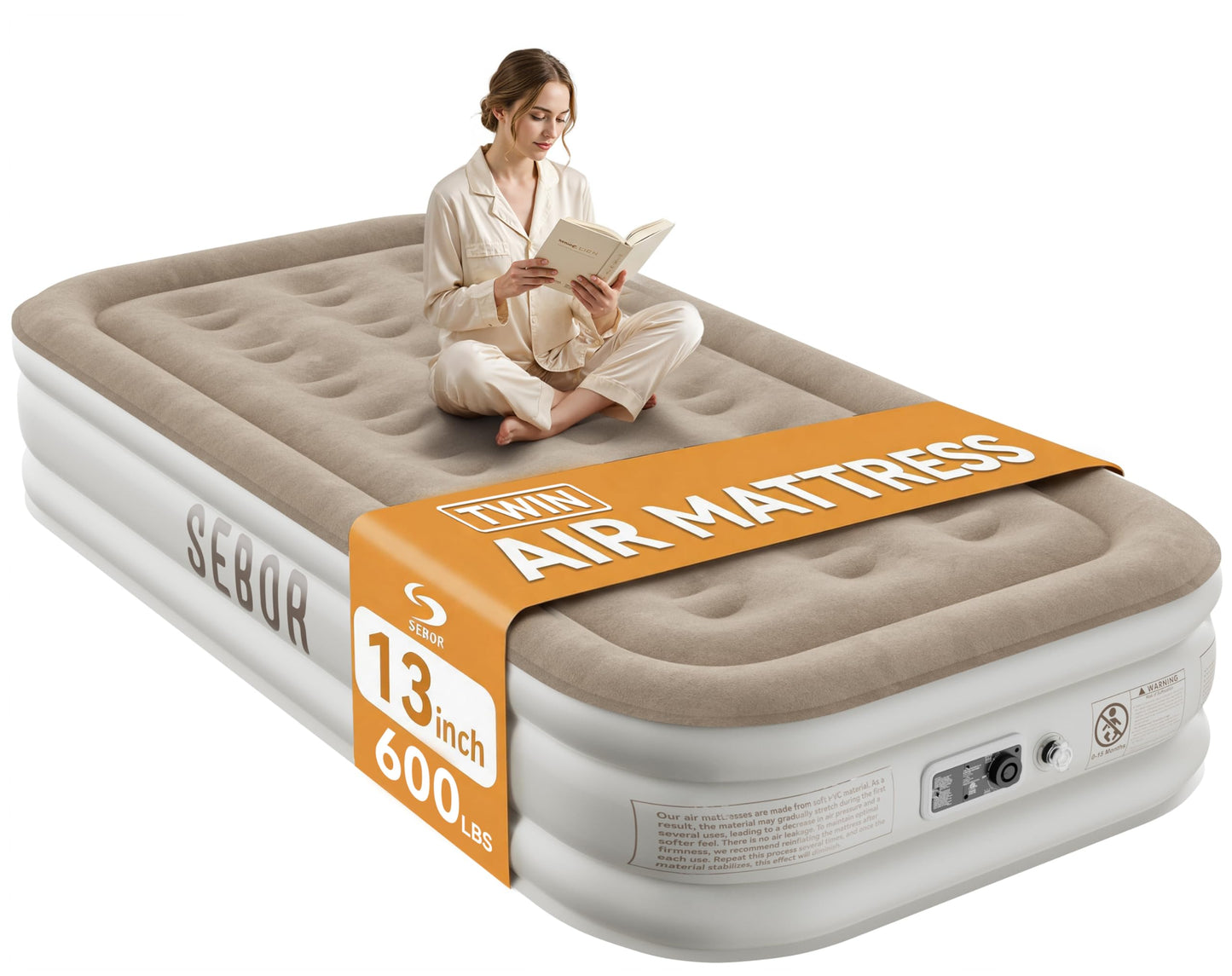 Air Mattress Twin with Built-in Pump 13", Comfortable Self-Inflating Blow up Mattress, Tan