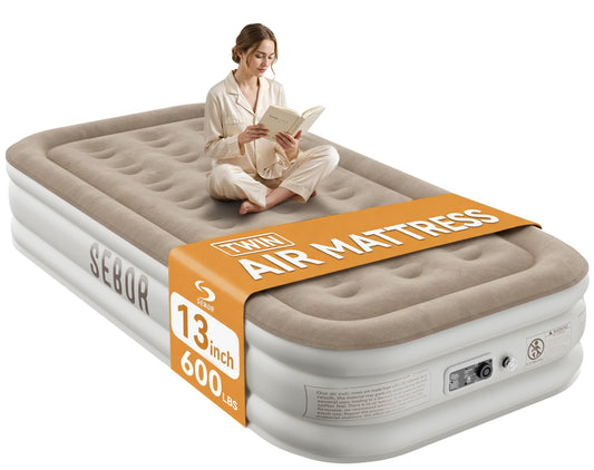 Air Mattress Twin with Built-in Pump 13", Comfortable Self-Inflating Blow up Mattress, Tan