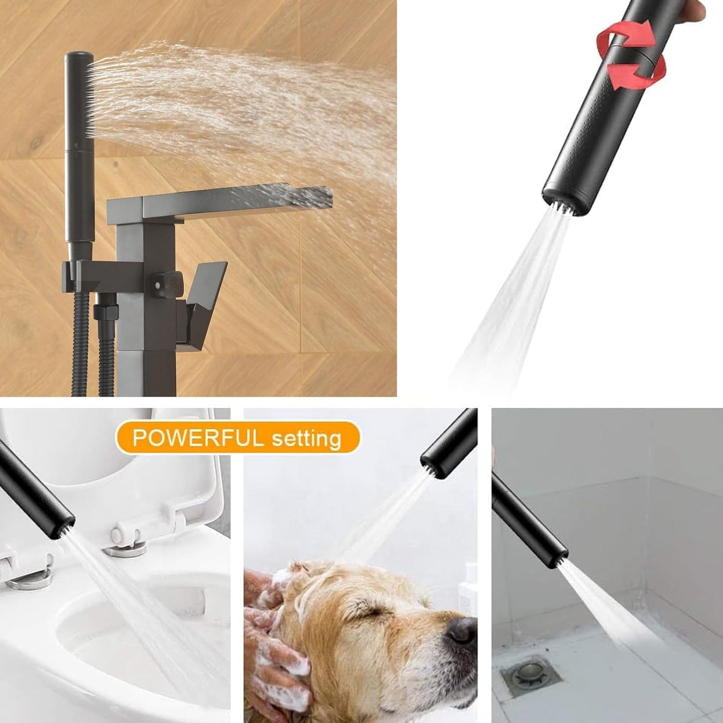 Tub Filler Freestanding Bathtub Faucet Waterfall Matte Black Floor Mount Brass Single Handle Bathroom Tub Faucets High Flow Bath Shower Faucets with 2