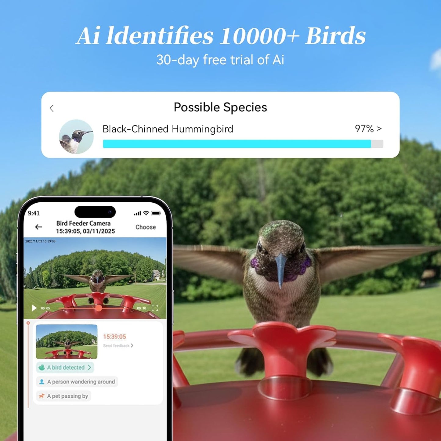 Smart Hummingbird Feeder with Camera Solar Powered - Leakproof & Bee Proof, AI Identify Instant Notification, 3K HD Video Live, 5g WiFi Humming Bird Camera Feeder, Gift for Bird Lovers