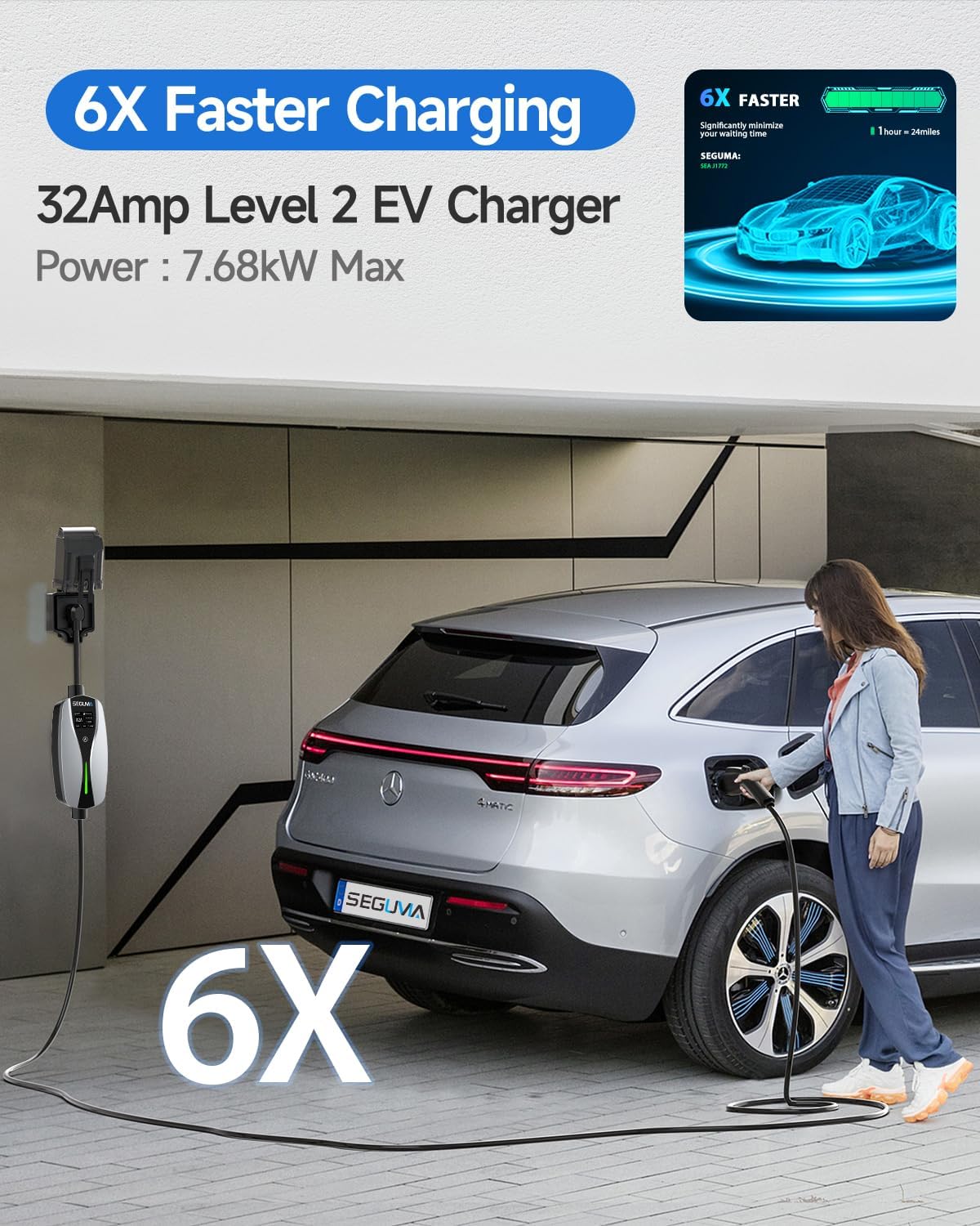 Level 2 EV Charger(32A, 240V, NEMA 14-50 Plug), Portable Electric Car Charger with 25ft EV Charger Extension Cable, Adjustable Cu