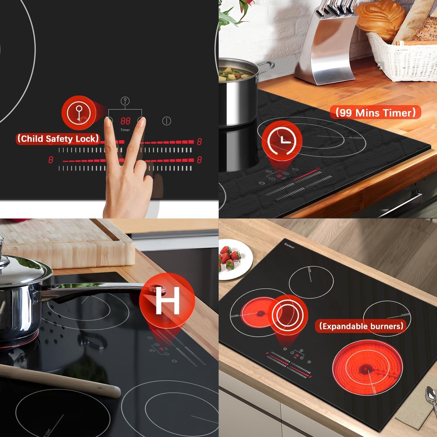 4 Burner Electric Cooktop 30 Inch, 220V Electric Stove Top 30 Inch Built-in Install, 7100W Electric Ceramic Cooktop with Slide Control, Timer, Child