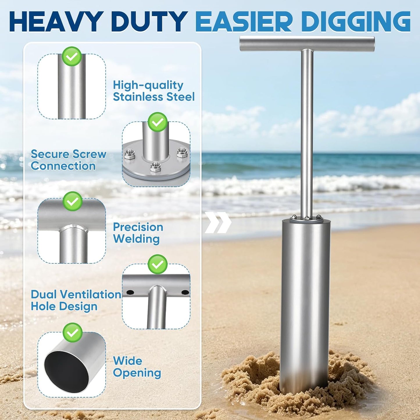 HVDI Clam Gun for Clamming, 32" Stainless Steel Clam Gun with Air Vent and 4" Tube Diameter, Vacuum Clam Digger Tool for Harvesting Cockles, Geoduck, and Various Beach Shellfish Plain Silver