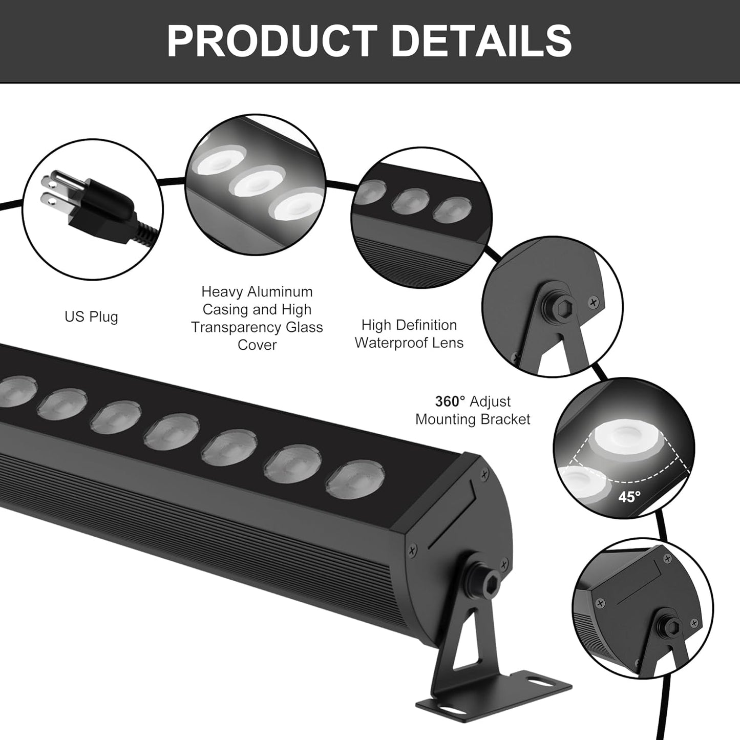 LED Light Bar 6000K Daylight White – IP65 Waterproof 40″ Outdoor Wall Washer Light Bar with Heavy-Duty Plug & Play Cord