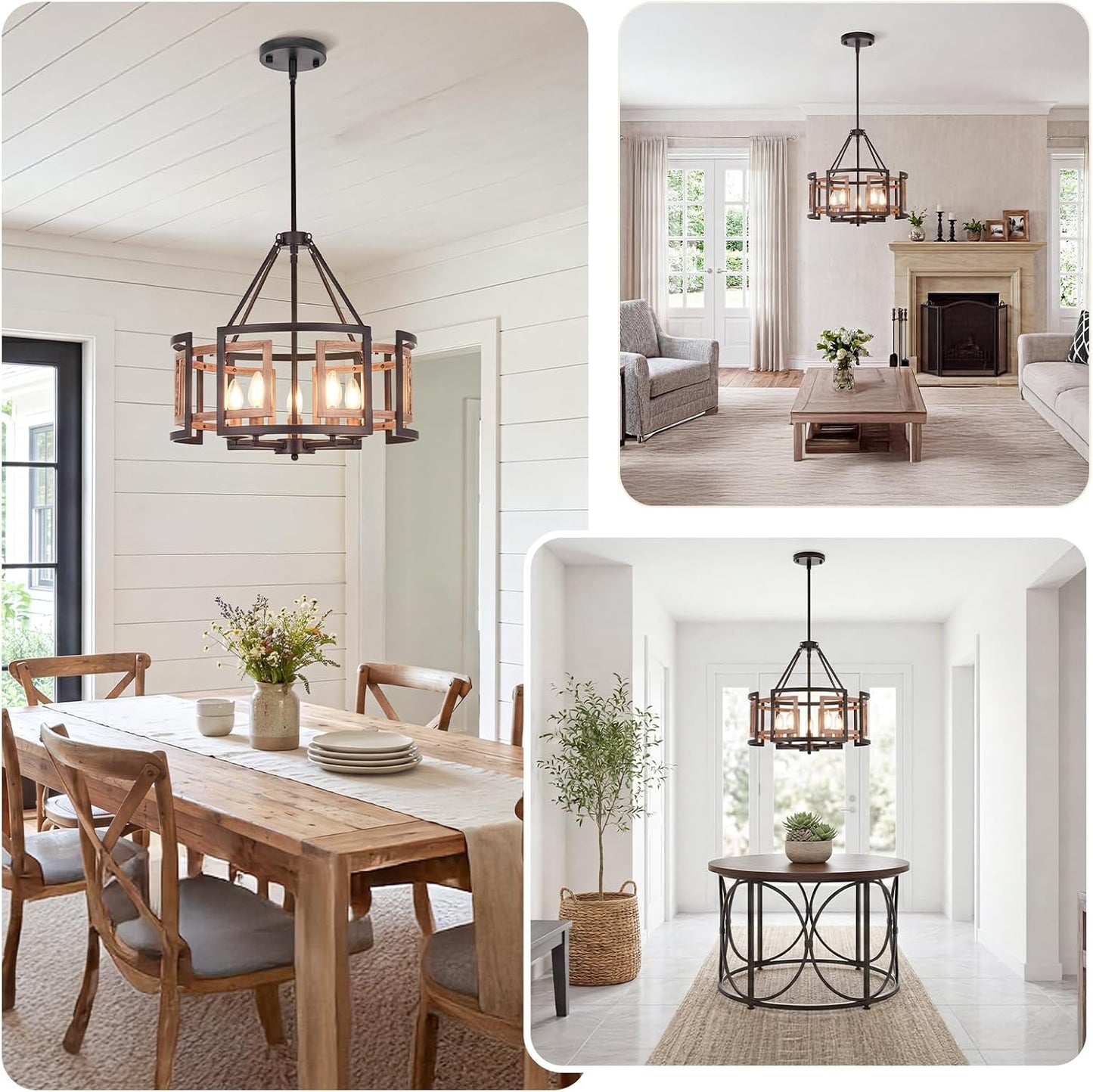 20-inch Chandelier, 5-Light Dining Room Light Fixture Over Table | Matte Black Metal with Woodgrain Frame, Farmhouse Rustic Style, Adjustable Height, E12 Socket, Ceiling Mount, Hardwired, 120V