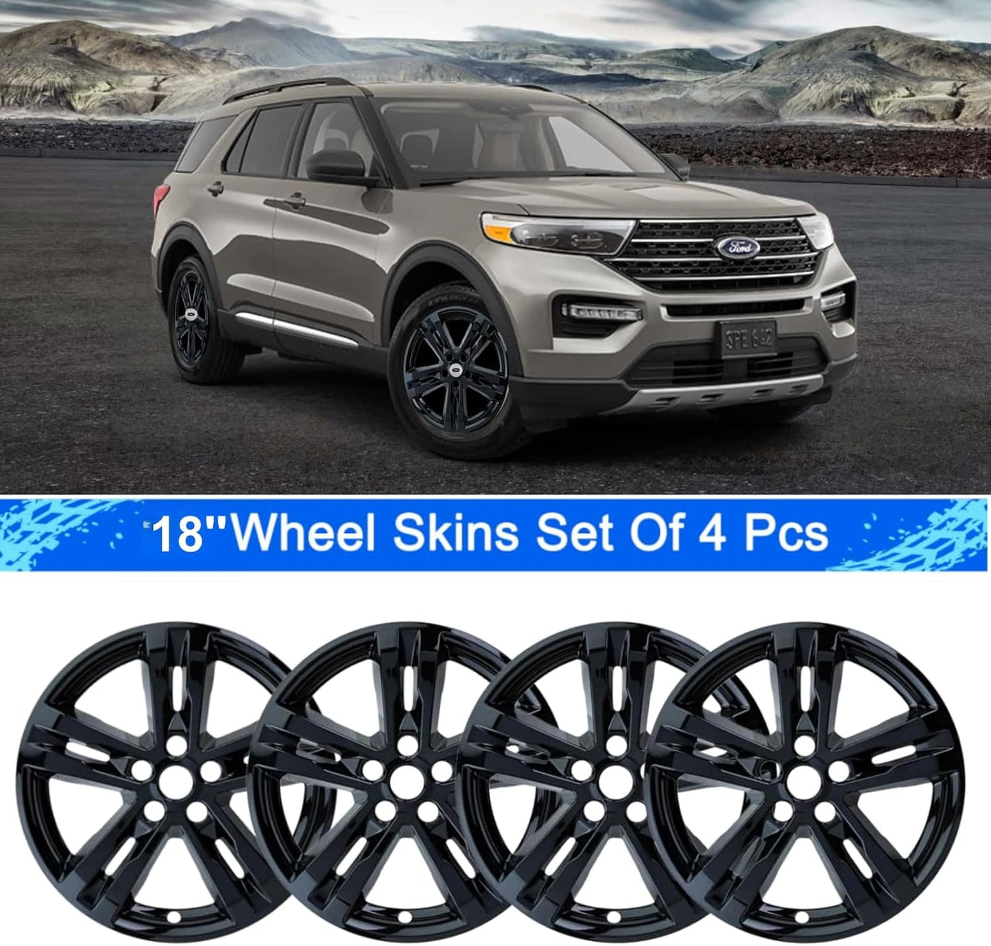 18 inch Wheel Skins compaitble with Ford Explorer 2020-2024; Set of 4 Wheel Covers ; Glossy Black