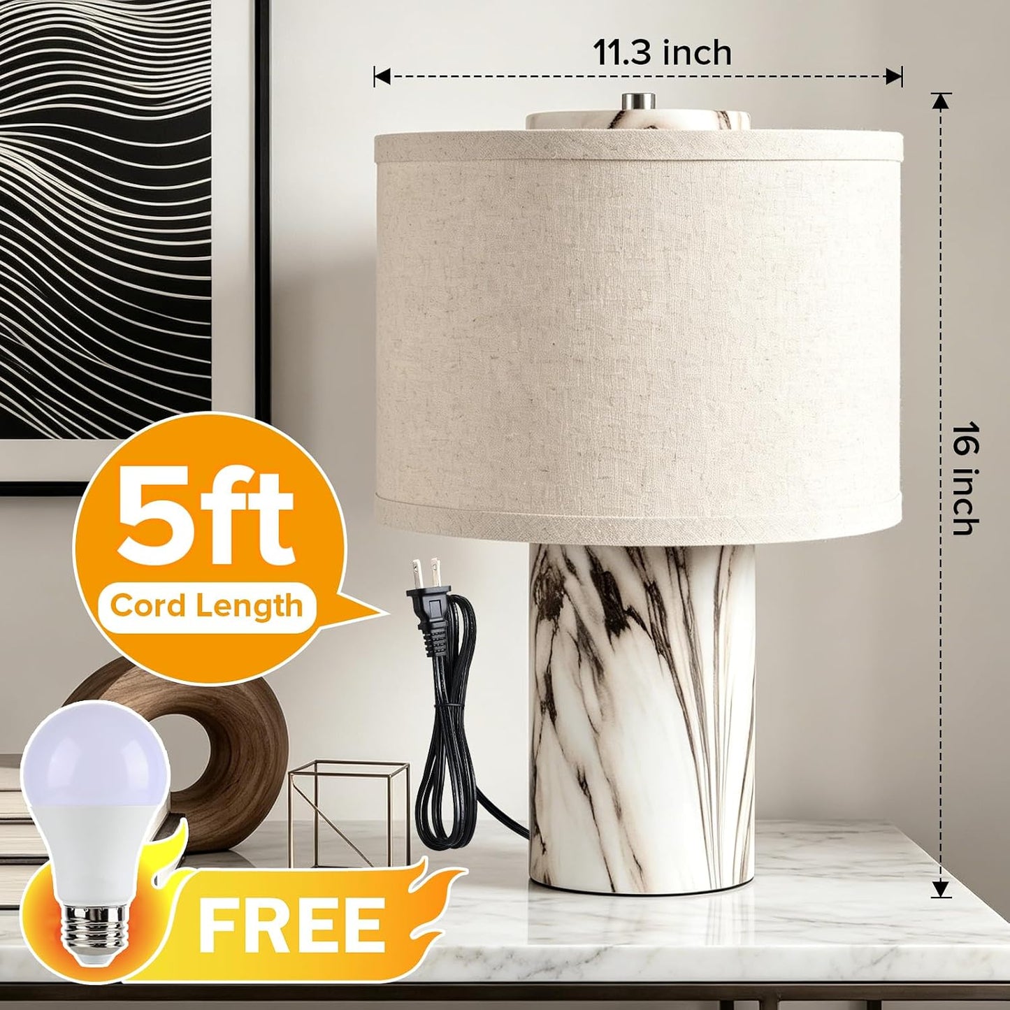 Marble Touch Lamp with Faux Marble Finish, 3-Way Dimmable Bedside Table Lamp for Bedroom, Nightstand & Living Room, Office, LED Bulb Included