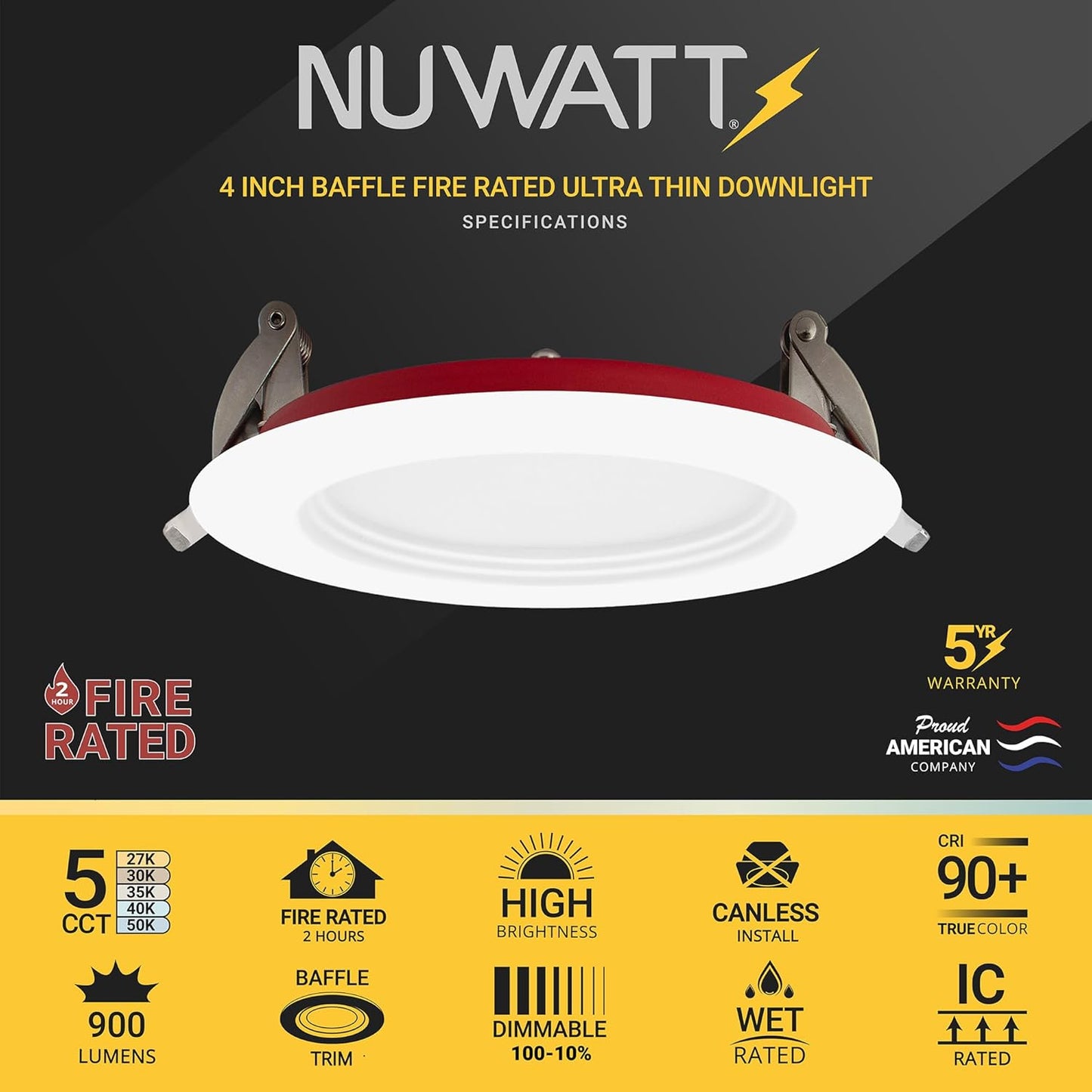 NUWATT 4 Inch 2 Hour FIRE Rated Baffle LED Recessed Lighting, 27K/30K/35K/40K/50K 5CT Selectable, Dimmable, 900LM, IC Ra