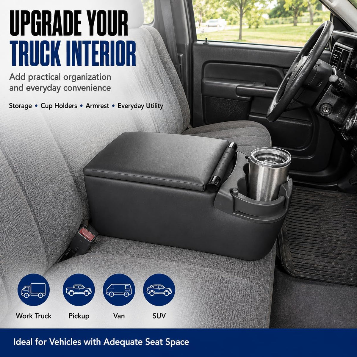 Universal Truck Console Bench Seat Center Console Organizer with Adjustable Dual Cup Holders, Clipboard Storage and Padded Armrest Lid for Work Trucks, Vans, SUVs, Dark Gray