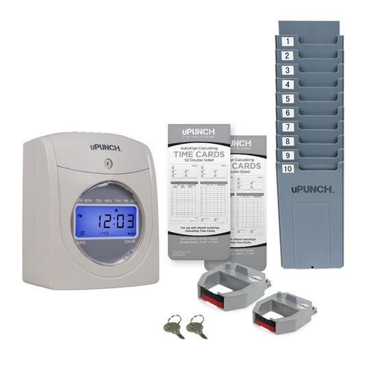 uPunch UB2300 Calculating Time Clock Bundle for Small Business: Auto Align Employee Time Tracking System with 100 Time Cards, Ribbon, and Keys