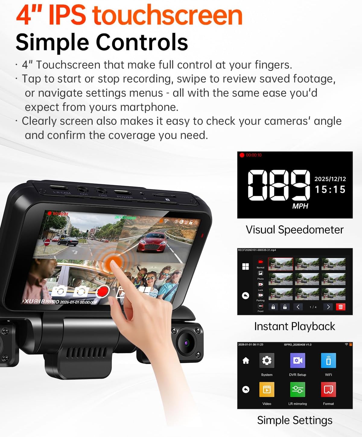 I9PRO 2K 4 Channel Dash Cam Front and Rear Inside, 360°View, 4" Touch Screen Dash Camera for Cars, 8 IR Lamps Night Vision, GPS, Wi-Fi & App, G-Sensor, 24H Parking Mode, with a Free 128G SD Card