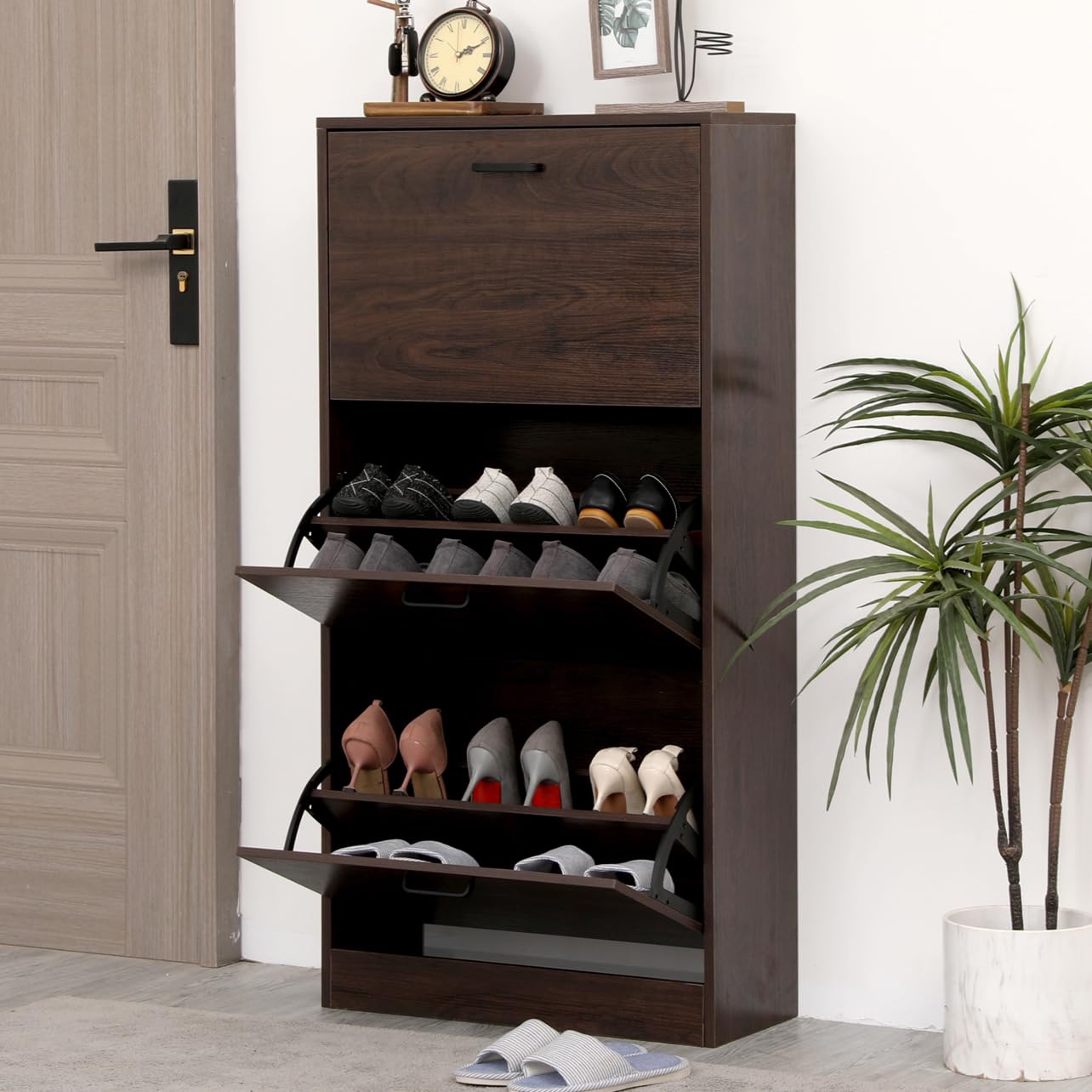 Shoe Storage Cabinet with 3 Flip Drawers, Freestanding Storage Racks for Entryway Hidden Narrow Shoe Organizers Perfect for Heels, Boots, Slippers, Walnut Brown