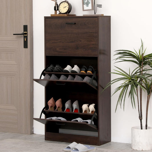 Shoe Storage Cabinet with 3 Flip Drawers, Freestanding Storage Racks for Entryway Hidden Narrow Shoe Organizers Perfect for Heels, Boots, Slippers, Walnut Brown