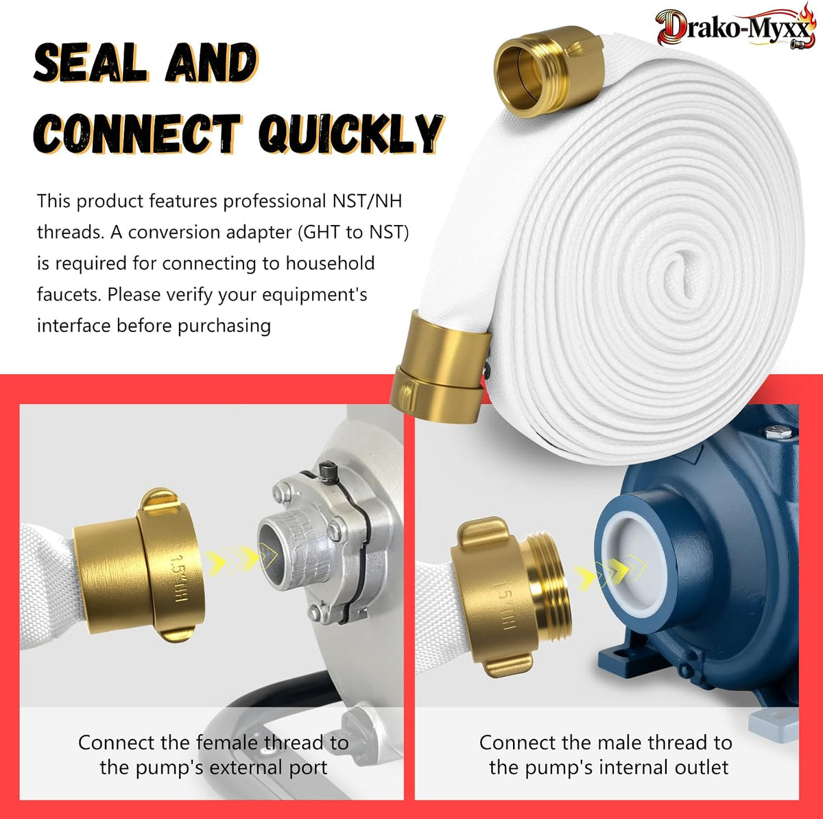 Upgrade Fire Hose, 1-1/2" ID x 50 FT, NST/NH Single-Jacketed TPU Fire Hose