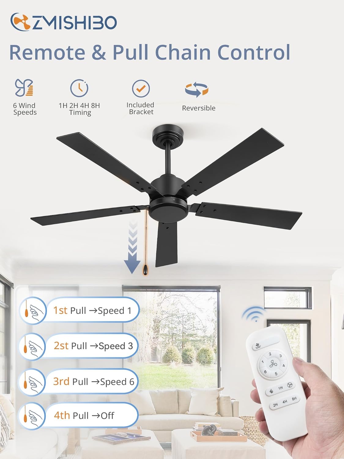 ZMISHIBO 52 Inch Ceiling Fan No Light with Pull Chain, Modern Ceiling Fan without Lights, 6-Speeds, Quiet DC Motor, Remote Control, Black Ceiling Fan for Bedroom, Living Room, Indoor/Outdoor Use Black 52 Inch