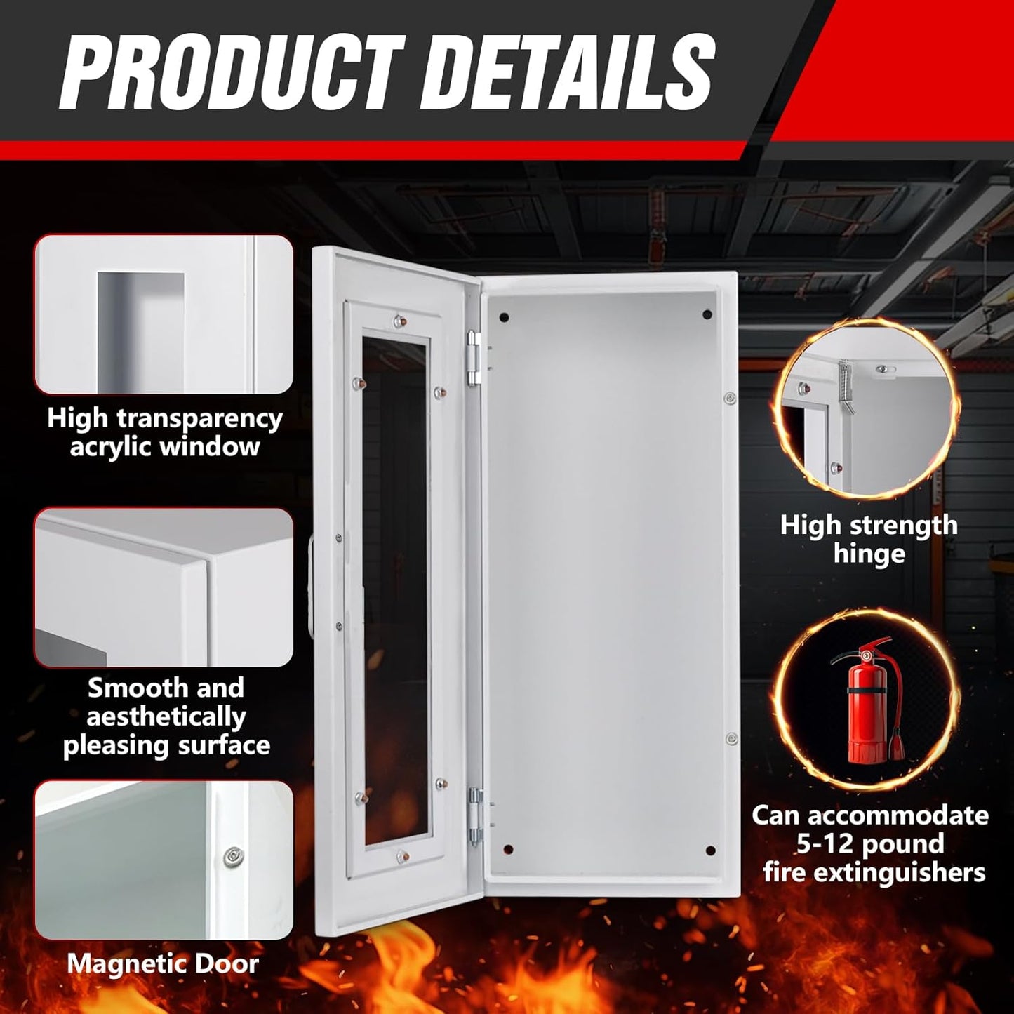 Fire Extinguisher Cabinet Wall with Magnetic Door & Handle for 5-12 pounds Extinguisher, 23.6" H x 10.2" W x 6.7"D White Steel Fire Extinguisher Mount for Indoor Outdoor with Full Clear Acrylic Door
