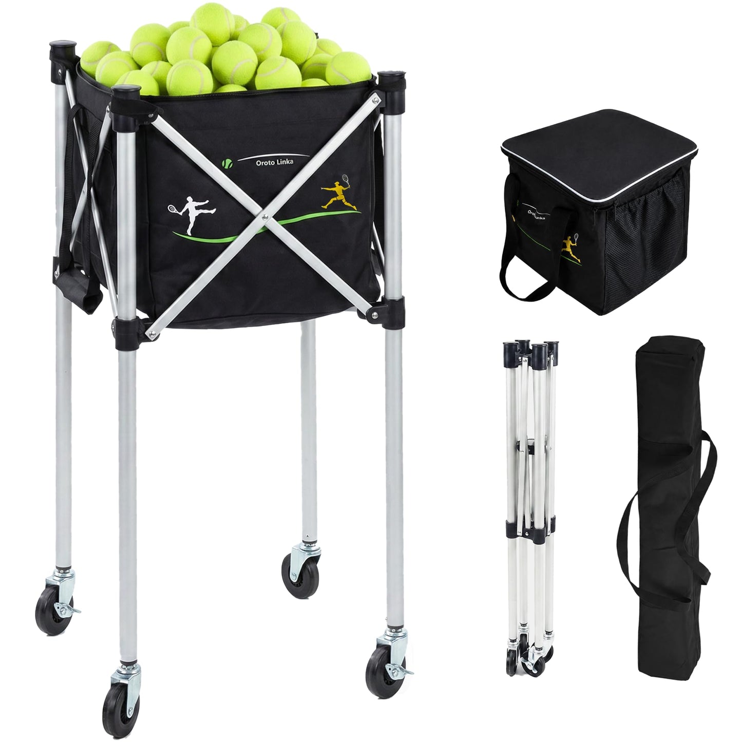 Tennis Ball Hopper for 150 Balls, Foldable Basket Cart with Lightweight Aluminum Frame, Locking Wheels, Zippered Closed-Top Bag Helps Keep Balls Cleaner, YKK Zipper, Portable Caddy for Practice