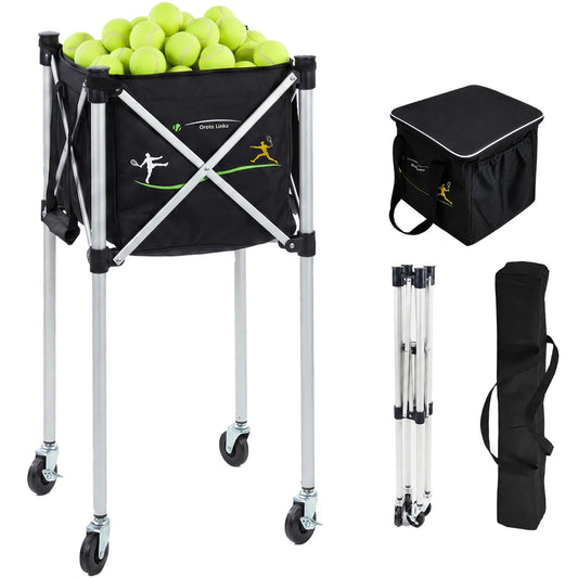 Tennis Ball Hopper for 150 Balls, Foldable Basket Cart with Lightweight Aluminum Frame, Locking Wheels, Zippered Closed-Top Bag Helps Keep Balls Cleaner, YKK Zipper, Portable Caddy for Practice