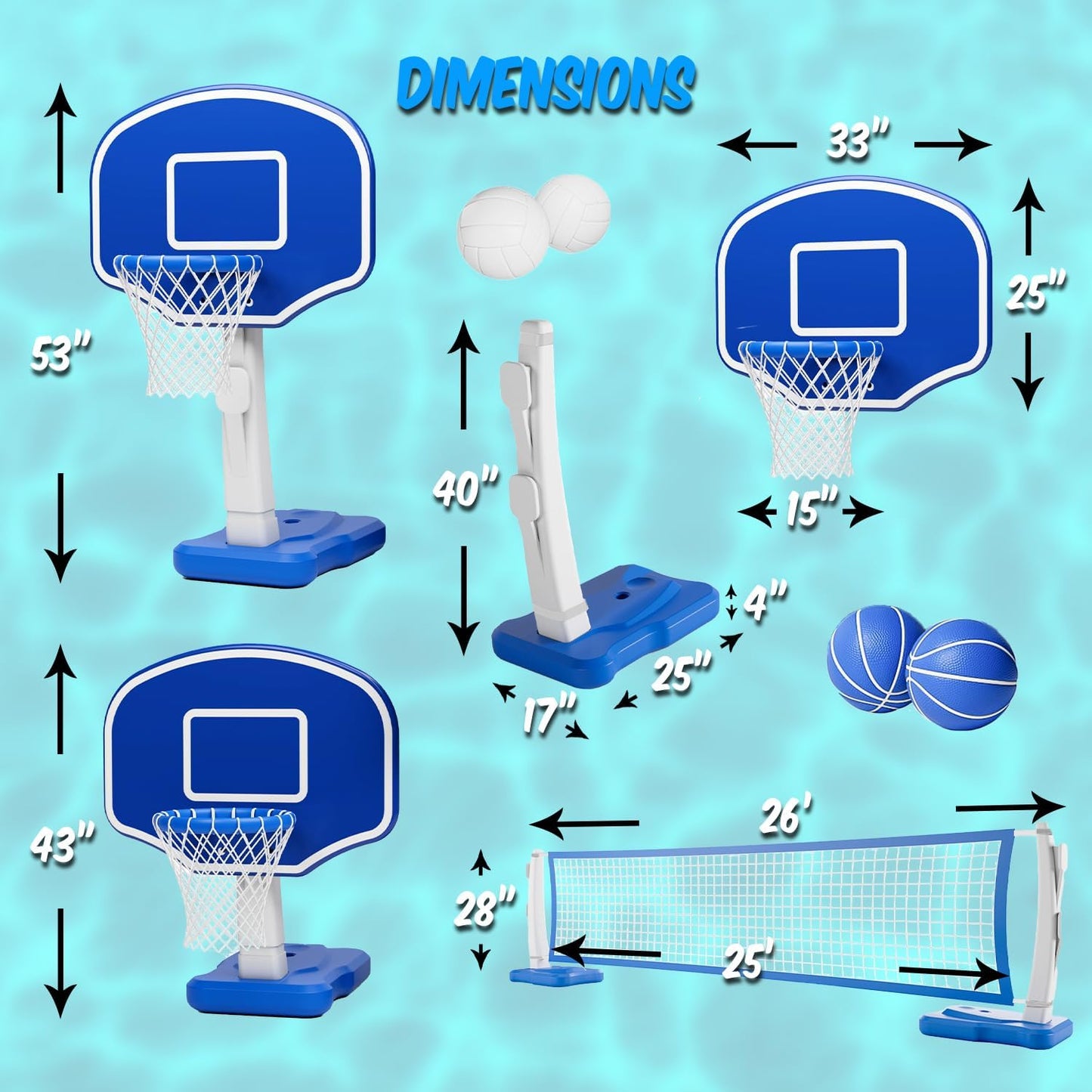 Pool Volleyball & Basketball Set  Adjustable Pool Basketball Hoop and Volleyball Net with Ball & Pump