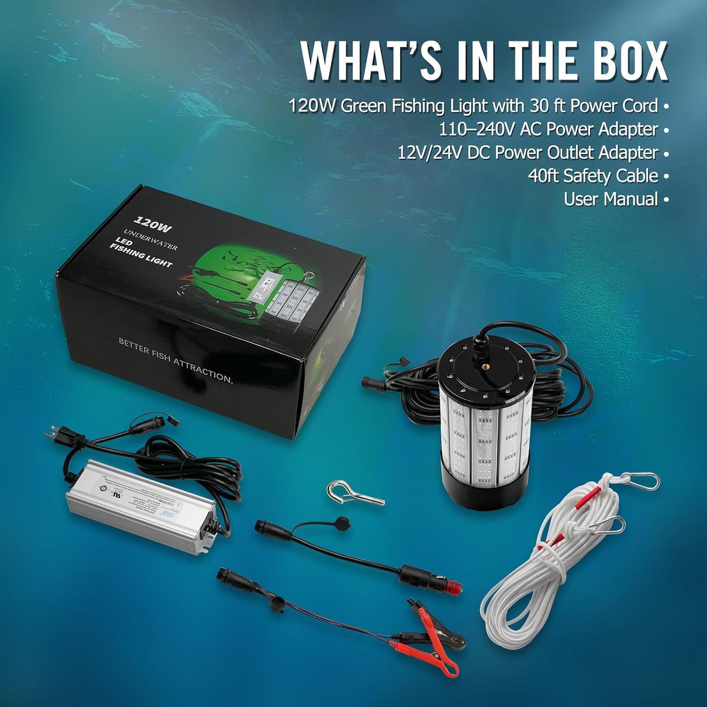 NS Green Underwater Fishing Light 120W 15,000LM, 110V AC & 12V DC Dual Power, LED Submersible Night Dock & Boat Light, Waterproof Saltwater Night Fish Kit for Crappie, Lake & Kayak