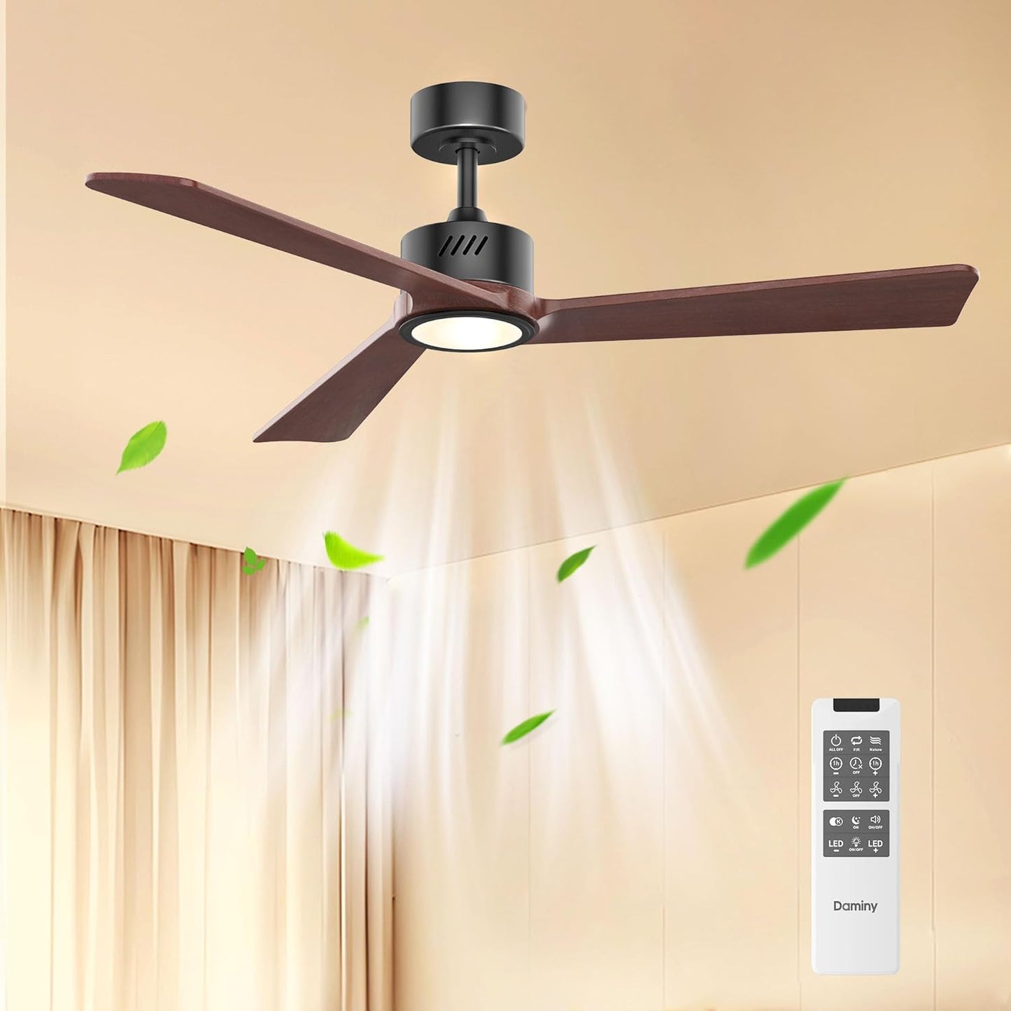 Walnut Wood 52 inch Ceiling Fan with Light, 3 Blade Ceiling Fan with Light, Downrods, 6CCT, Black Low Profile Ceiling F