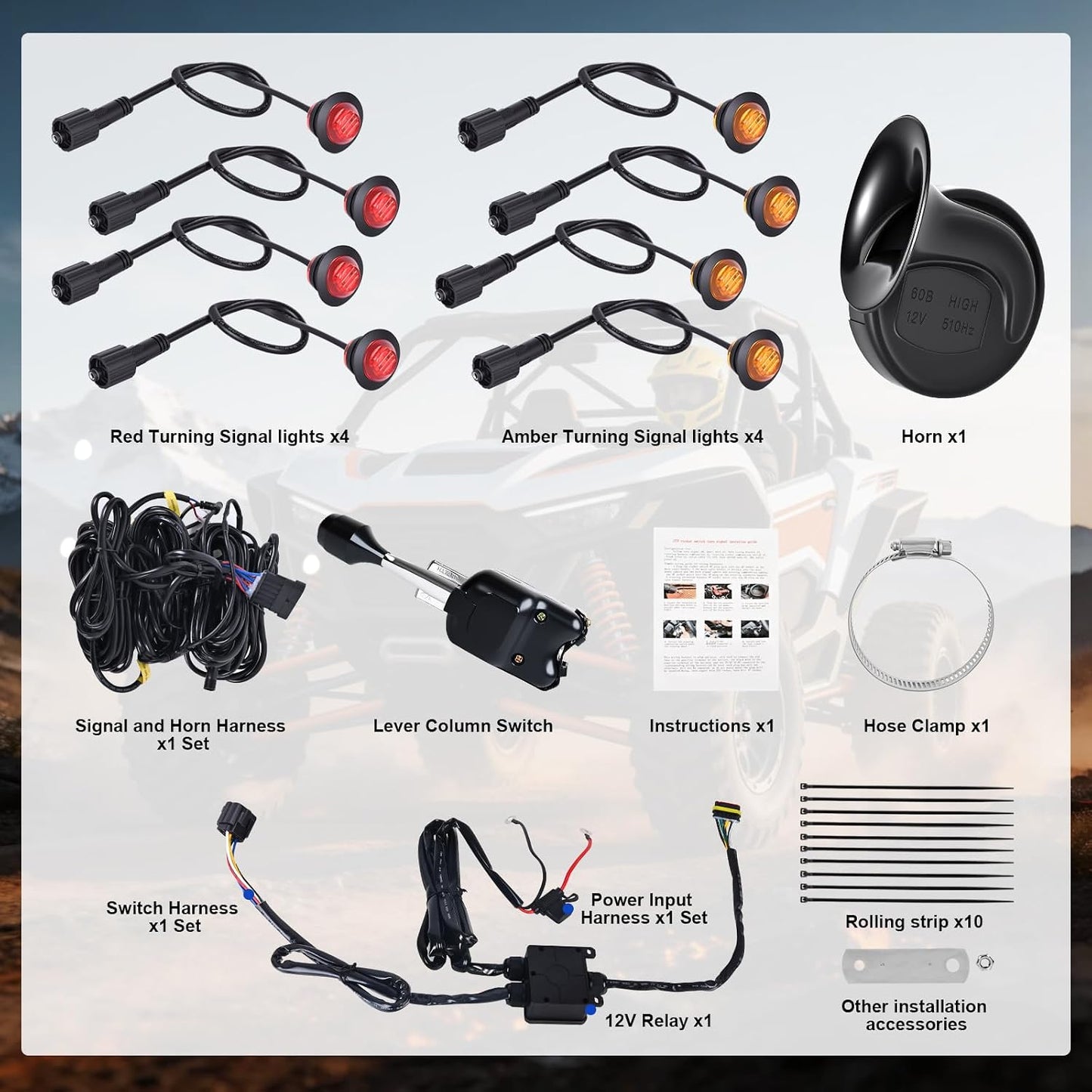 UTV Turn Signal Kit with Lever Column Switch and 8 Round Light,Pre-Wired, Plug and Play with Horn, Compatible with Polaris Ranger, RZR, Can-Am X3 8 Light with Lever Column Switch