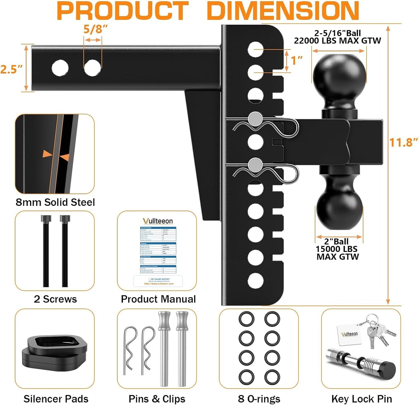 2026 Vullteeon Adjustable Trailer Hitch - Drop Hitch for 2.5 Inch Receiver, 8" Drop/Rise, (2" & 2-5/16") Ball Hitch for Truck, 22000 LBS GTW, Slot - Fit & Anti-Rattle Design Tow Hitches