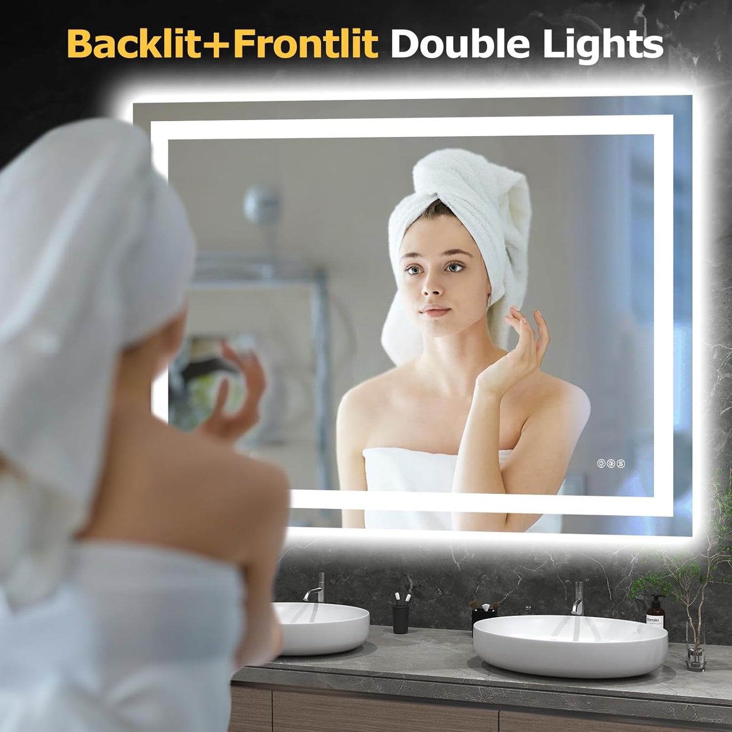 LED Bathroom Mirror with Lights 48'x 36' Wall Vanity LED Mirror Stepless Dimmable,Double Front and Backlight