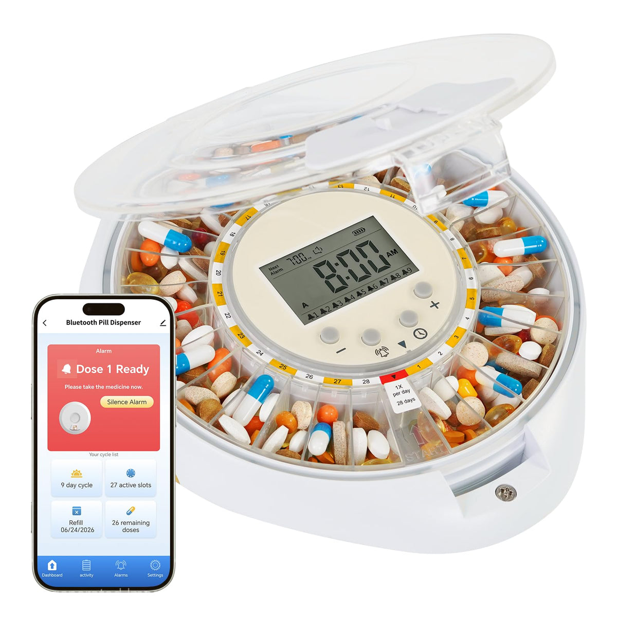 28-Day Bluetooth Automatic Pill Dispenser with App Alert for Caregivers