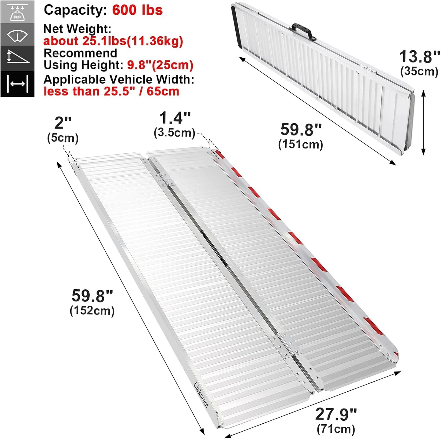 5ft Folding Wheelchair Ramp, Portable Handicap Ramp for 600LBS Capacity, Aluminum Ramps with Non-Slip, Threshold Ramp for Wheelchairs