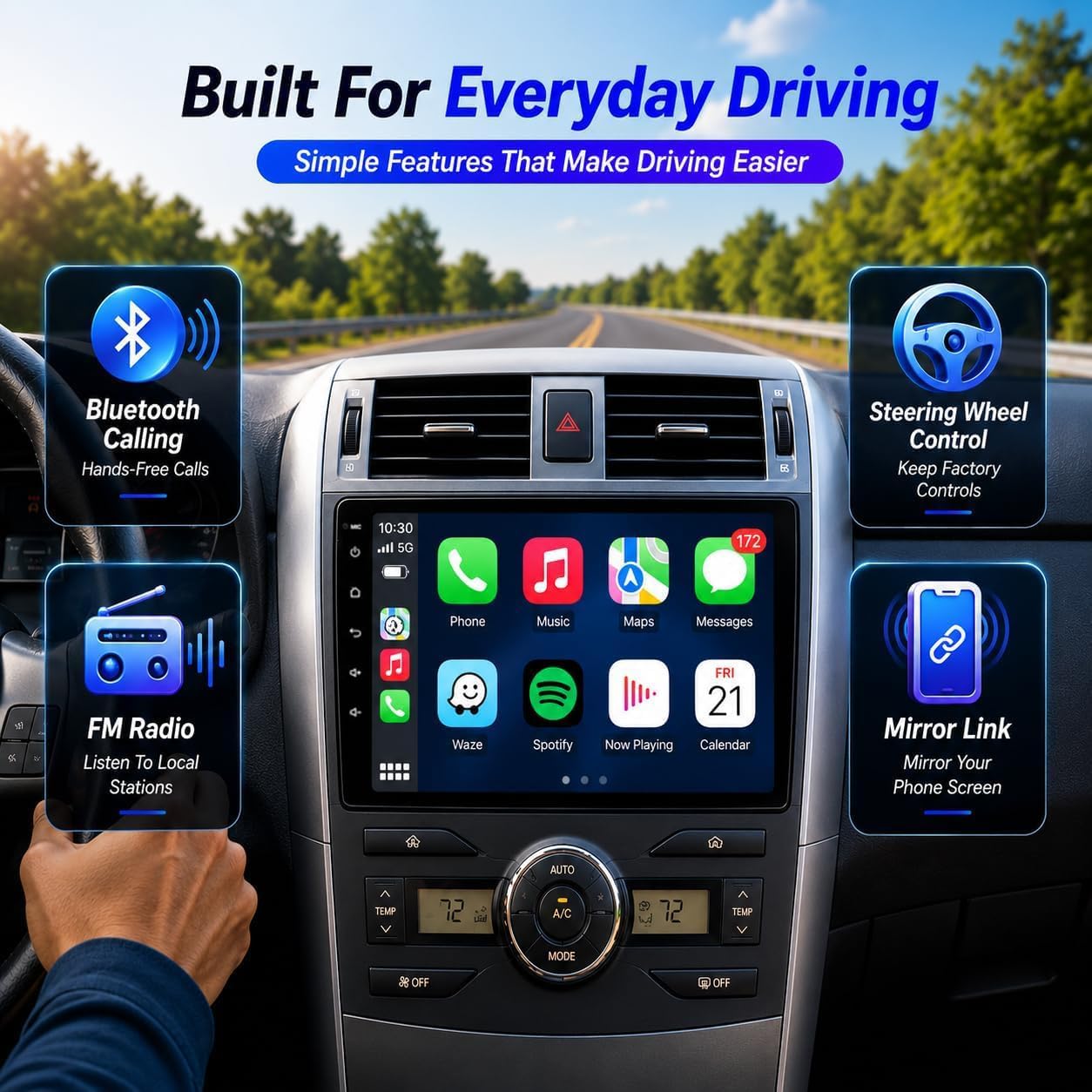 Car Radio Stereo for Toyota Corolla 2009-2013, Wireless CarPlay | 9" IPS Touchscreen Dash Upgrade, Mirror Link, Bluetooth, FM radio, SWC, dual USB, 1080P rear camera