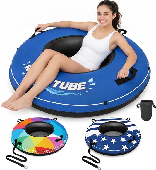 River Tube, 48'' Heavy Duty Rubber River Float Tube with Commercial Grade Inner Tube, Premium Canvas Cover, Removable Cup Holder & Tow Strap, Inflatable Tube for Adults Lake Pool Floating