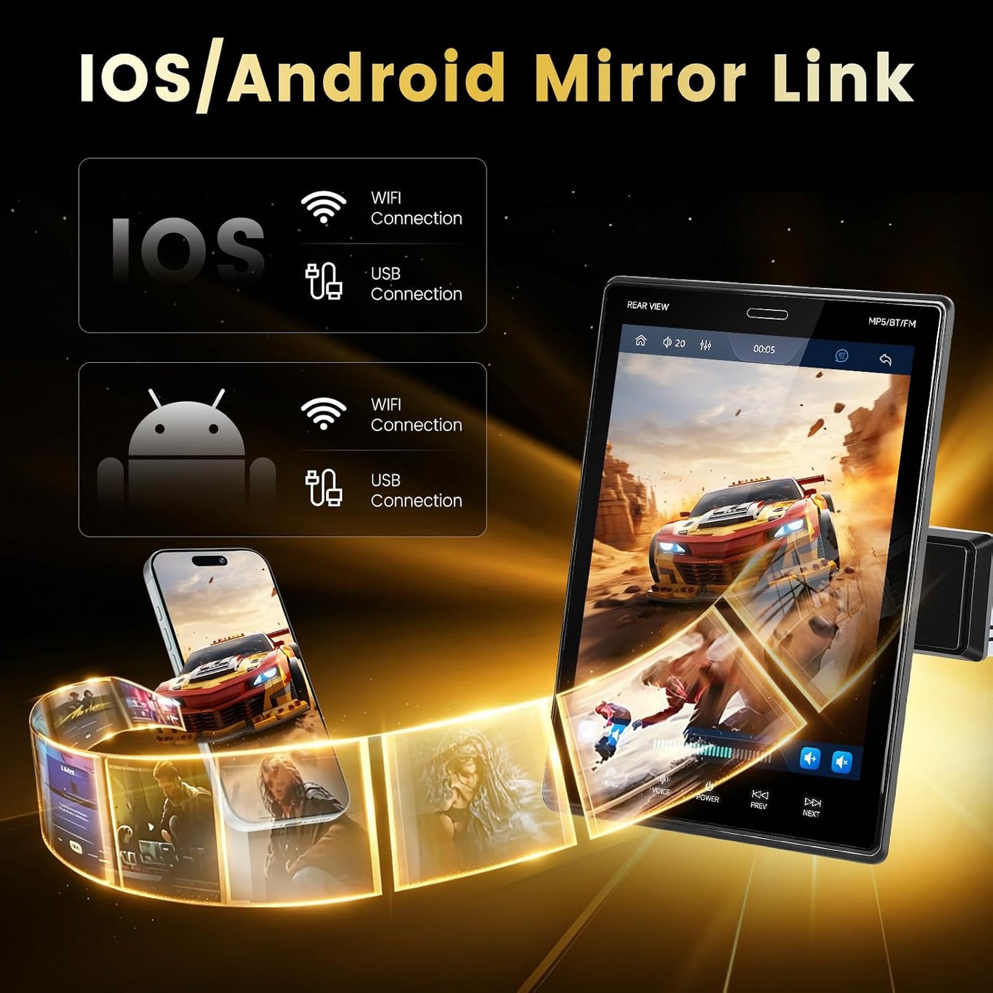 MAHVEC 9.5'' Single Din Car Stereo with Wireless CarPlay Android Auto,HD IPS Adjustable Screen Vertical Radio with Bluetooth, USB, Mirror Link, SWC, Bluetooth, Car Play, FM/AM/RDS Radio, Backup Camera
