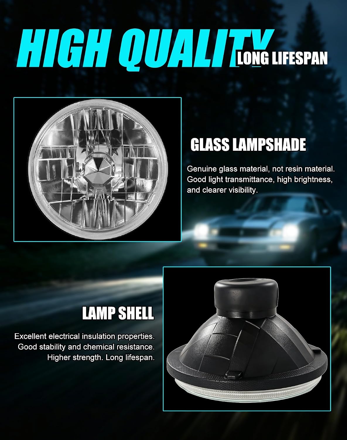 H6024 Glass Round Headlight Housings and H4 Light Bulbs | 6014, 6015, 6016, 7 Inch OEM Style Original Classic Look Conversion Assembly Pair Kit with 2 Adapter cables