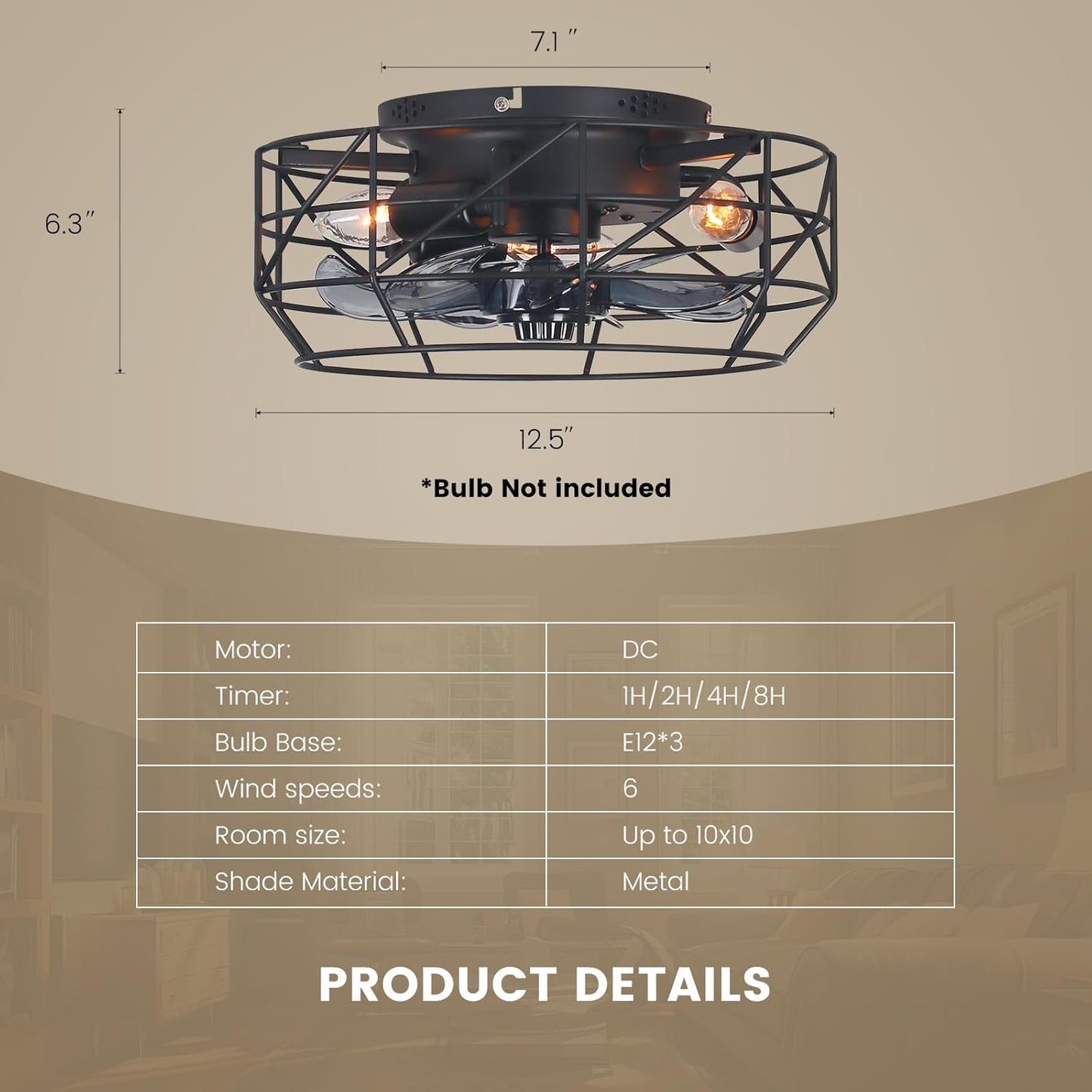 12.5' Caged Ceiling Fans with Lights and Remote, Flush Mount Bladeless Ceiling Fan Low Profile, Small Farmhouse