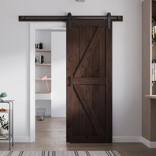 32in x 84in Brown Wood Barn Door with 5.5ft Barn Door Hardware Track Kit Included, Simple Assembly is Required,K-Frame,Coffee