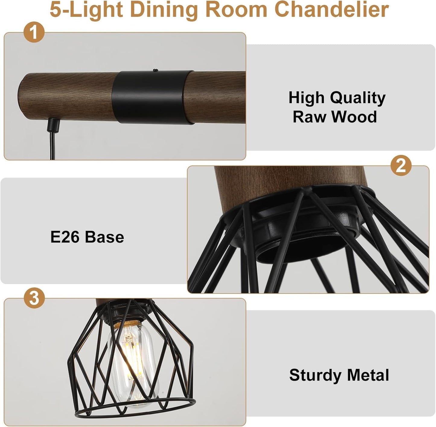 Dining Room Light Fixture Over Table, Farmhouse 5-Light Kitchen Island Lighting, Chandeliers for Dining Room, Matte Black Rustic Wood Ceiling Pendant