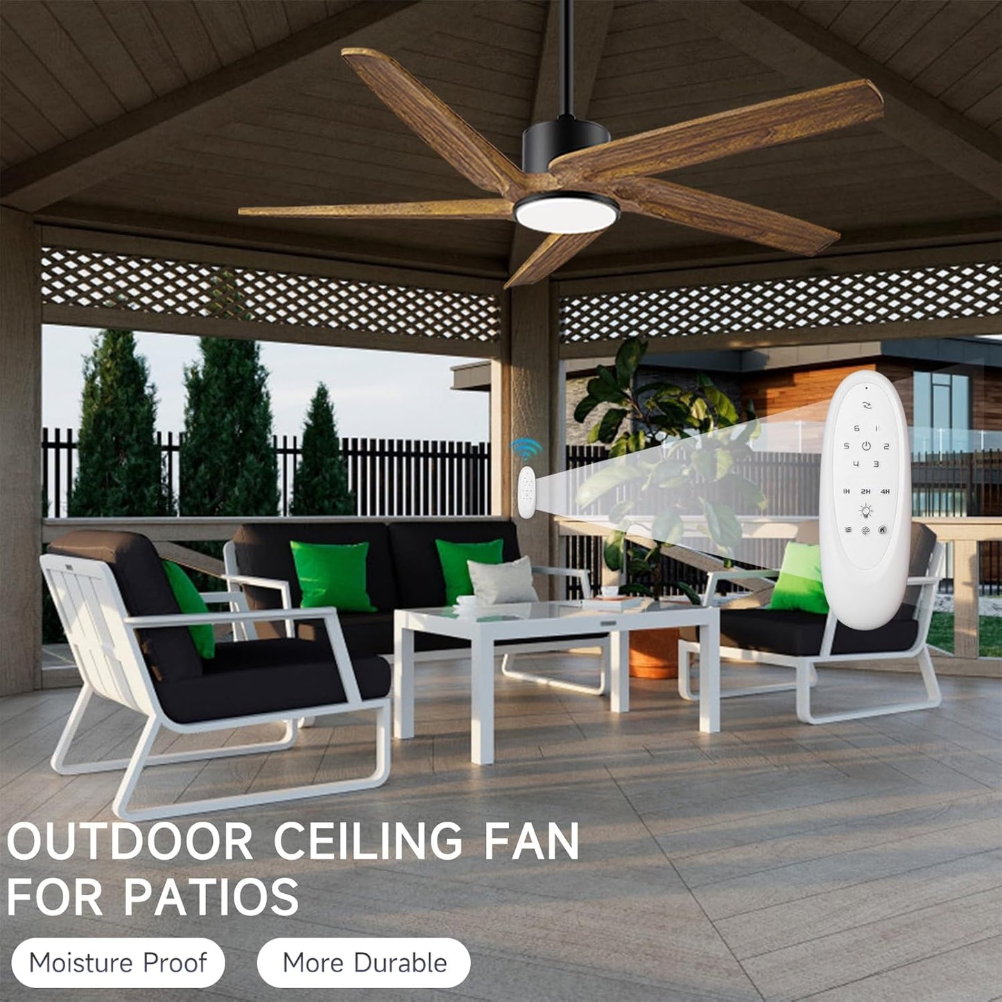 52 Inch DC Ceiling Fans with Lights and Remote, Outdoor Ceiling Fan for Patios Waterproof with Lights and 3 Downrods, High cfm 5 Blades Wood Modern