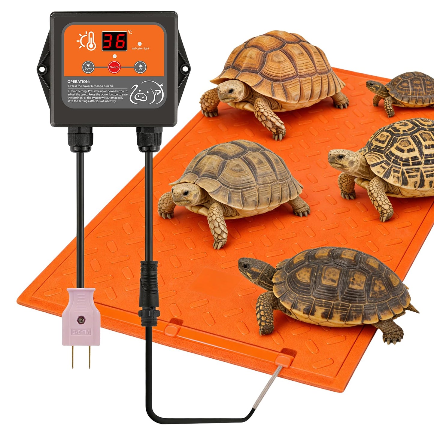 Tortoise Heating Mat 24.6 × 39.4” Waterproof &Temperature Control | 115w Reptile Heating Pad Safety Adjustable Heat Mat for Turtle, Tortoise, Snakes